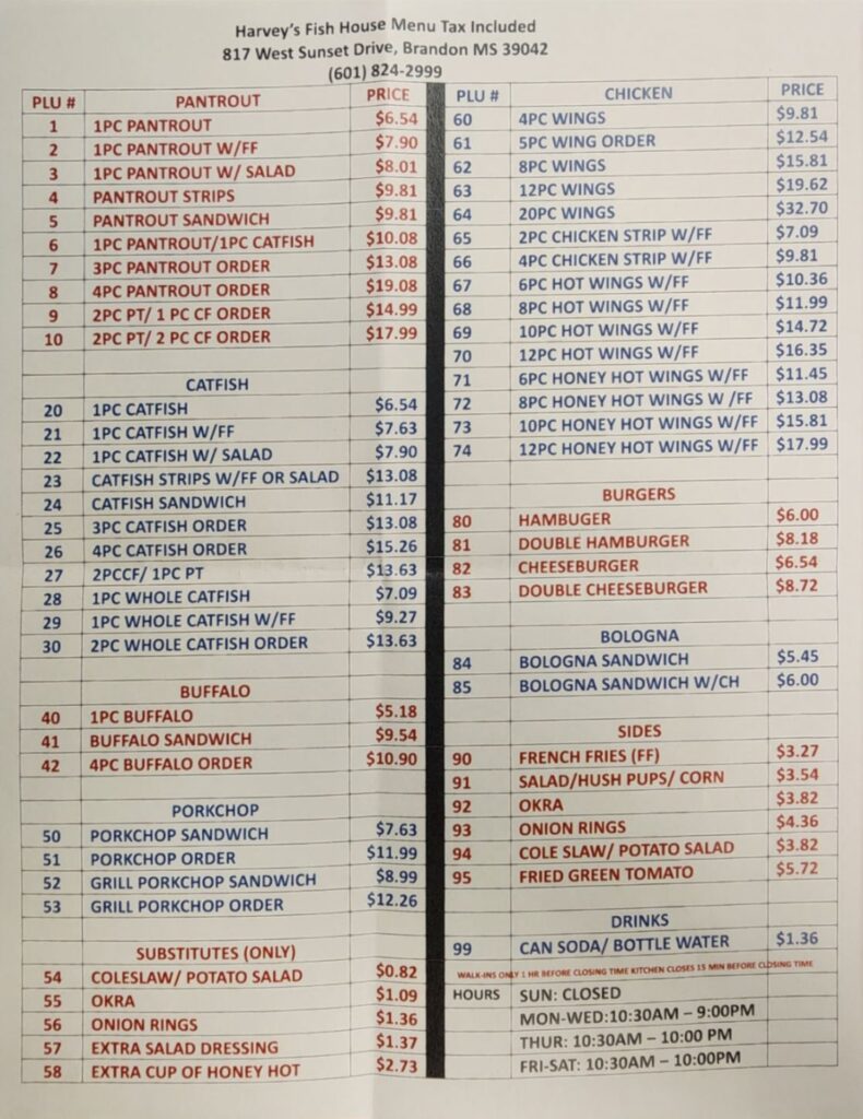 Harveys fish house Menu 1
